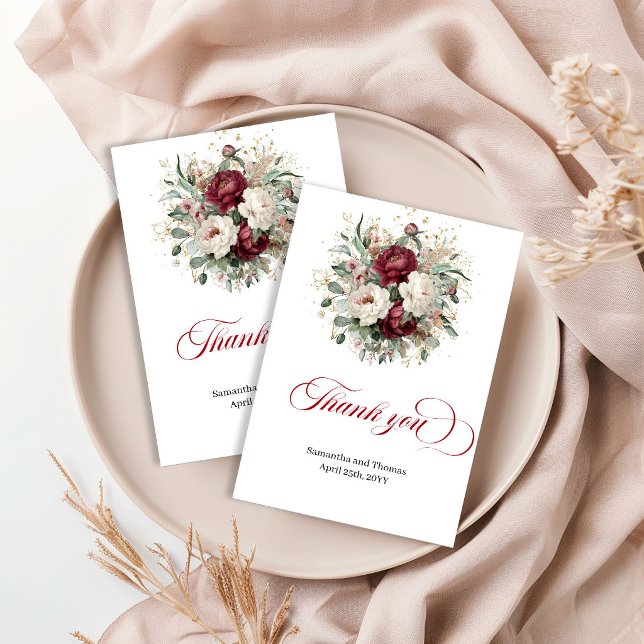 Klassisk marinblommig grönska Guld tackkort Tack Kort (Classic Maroon Floral Greenery Gold Thank You Card)