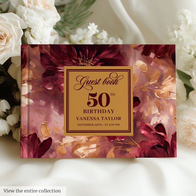Klassisk Marsala  Guld Flowers 50:e födelsedagen Gästböcker (Classic Marsala Blush Gold Flowers 50th Birthday Guest Book)