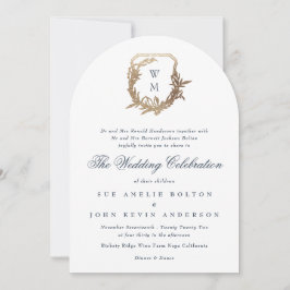 klassisk marsch, blå monogram, guld vapensköld inbjudningar