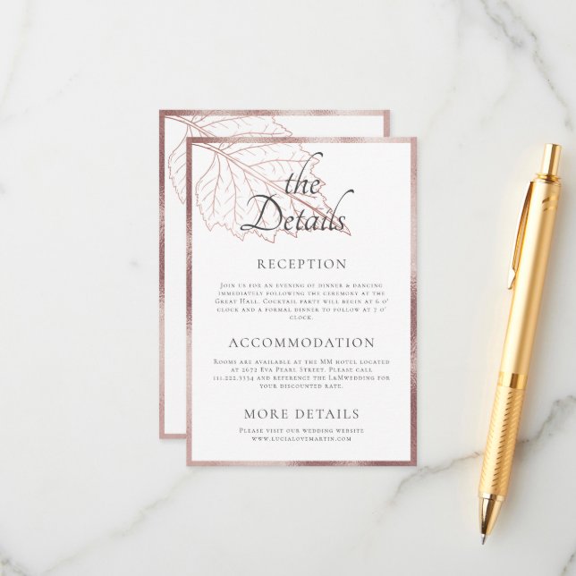 Klassisk Matt Ro Guld Lövs Bröllop-detalj Tilläggskort (Fram/Back In Situ)