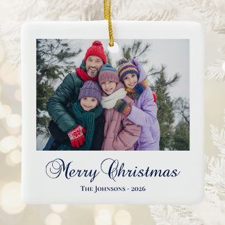 Klassisk Merry Christmas Kalligrafi Familjefoto Julgransprydnad Keramik