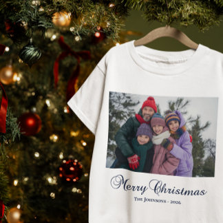 Klassisk Merry Christmas Kalligrafi Familjefoto T Shirt