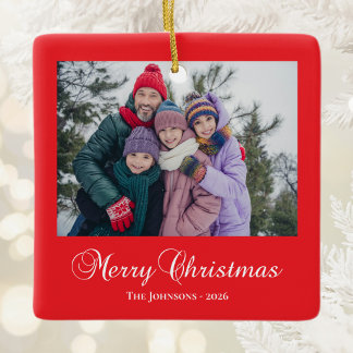 Klassisk Merry Christmas Kalligrafi Foto Röd Julgransprydnad Keramik