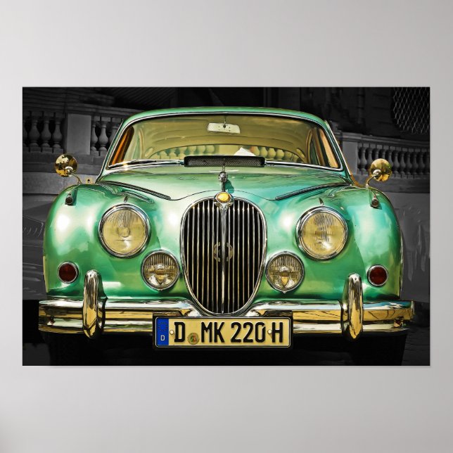 Klassisk metallisk Grönt Jaguar Sedan Poster (Framsidan)