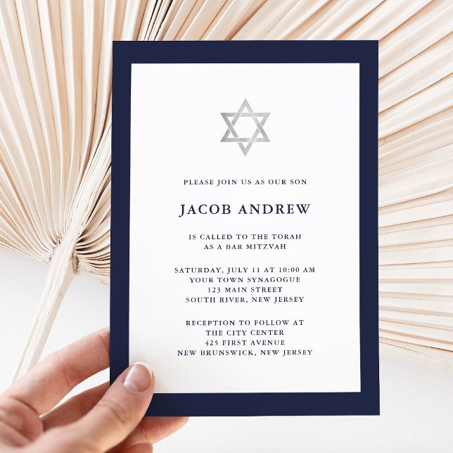 Klassisk Midnight Blue och White | Pub Mitzvah Inbjudningar (Classic blue and white Bar Mitzvah invitation)