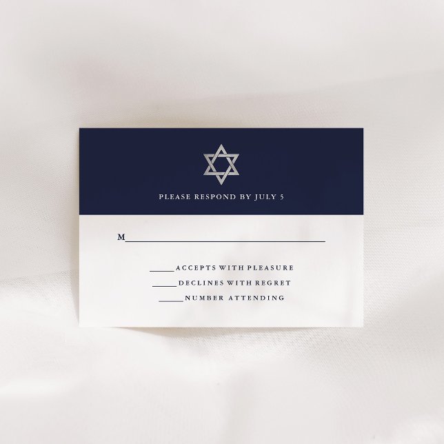 Klassisk Midnight Blue och White | Pub Mitzvah OSA Kort (Classic midnight blue and white Bar Mitzvah rsvp with a silver Star of David)