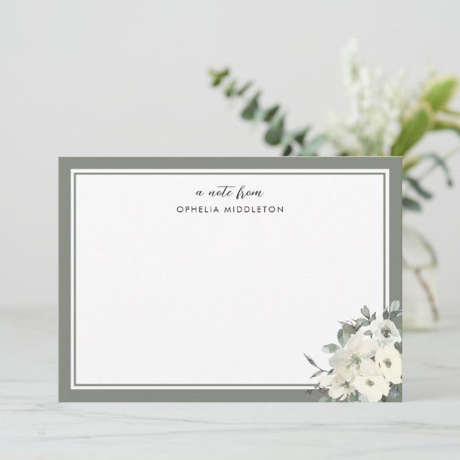 Klassisk Minimal Olivgrön Kant Blommig  Anteckningskort (Stående Fram)