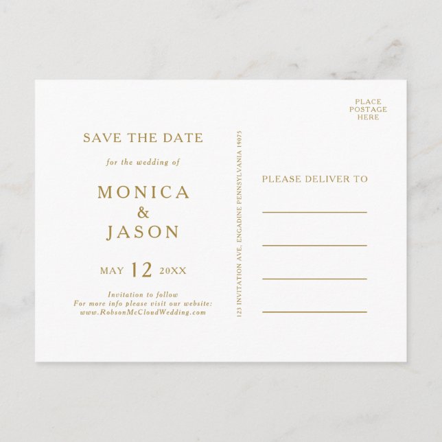 Klassisk minimalistisk guld save the date vykort (Baksida)