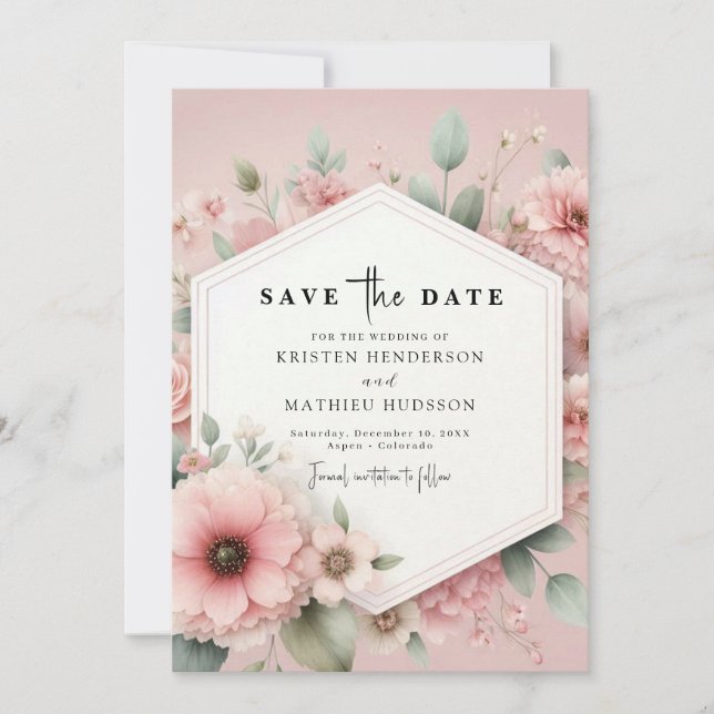 Klassisk minimalistisk Rosa Blommigt Bröllop Spara Datumet (Framsida)