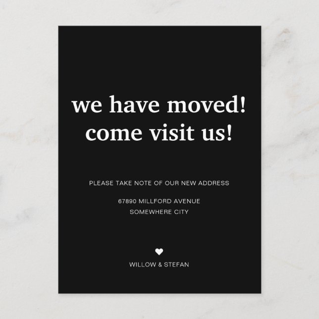 Klassisk minimalistisk svart Vi har flyttat Flytt  Meddelande Vykort (Framsida)