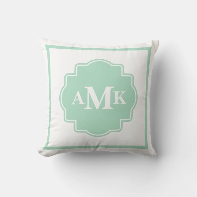 Klassisk Mint Grönt och vit monogram Pillow Kudde (Framsida)