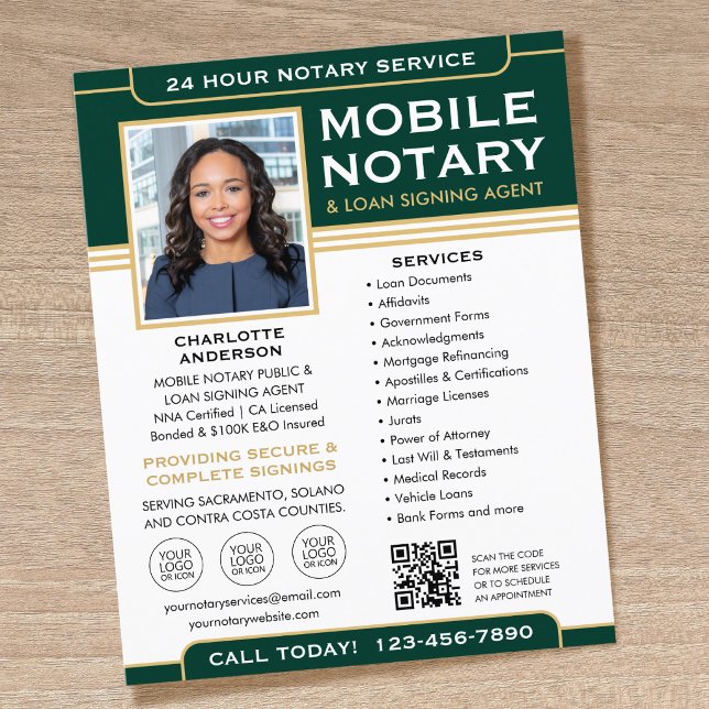 Klassisk mobil notarius flyer QR-kod grön guld (Skapare uppladdad)