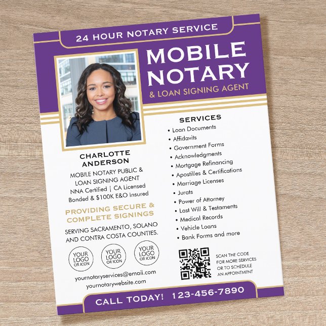 Klassisk mobil notarius flyer QR-kod lila guld (Skapare uppladdad)