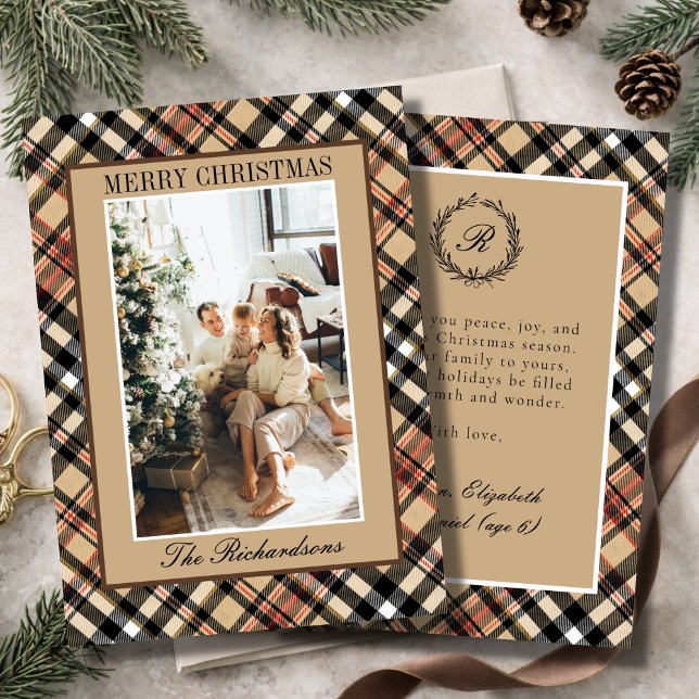 Klassisk Mocha Brun Karo Monogram Jul Foto Julkort (Skapare uppladdad)