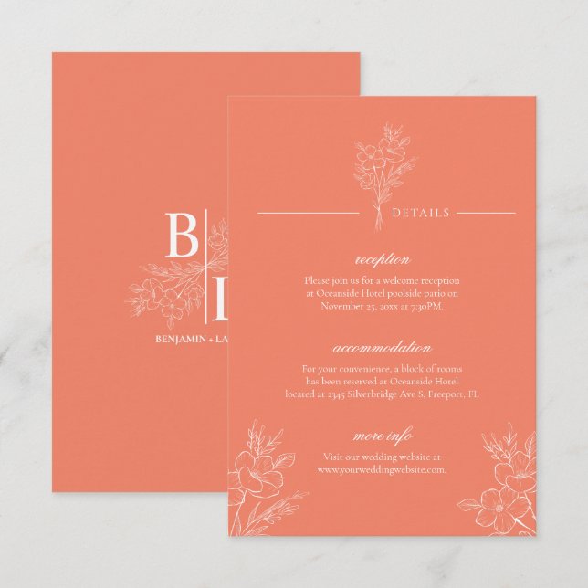 Klassisk Modern Elegant Blommig Korall Bröllopsdet Tilläggskort (Fram/baksida)