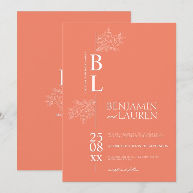 Klassisk Modern Elegant Blommigt Coral Bröllop Inbjudningar (Fram/baksida)