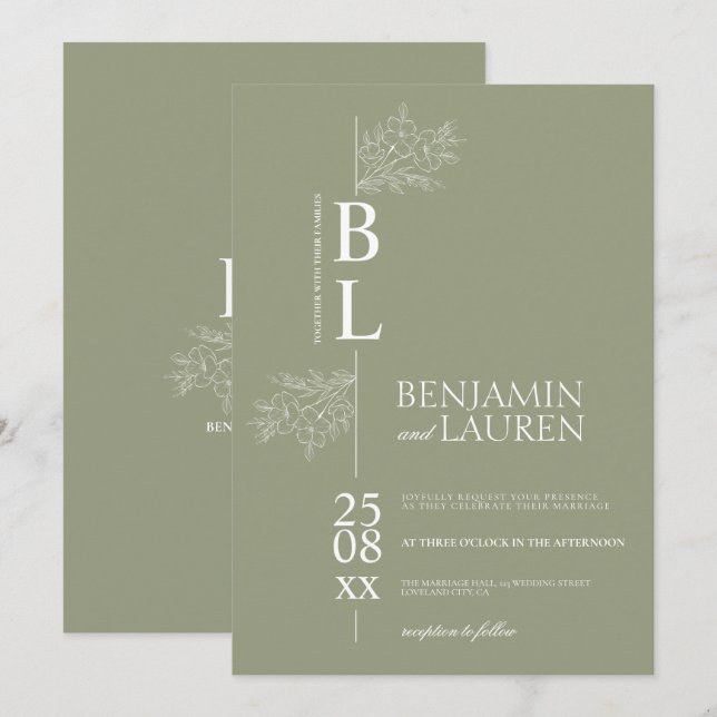 Klassisk Modern Elegant Blommigt Sage Grönt Bröllo Inbjudningar (Fram/baksida)