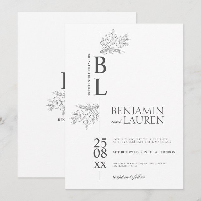 Klassisk Modern Elegant Blommigt Vita Bröllop Inbjudningar (Fram/baksida)