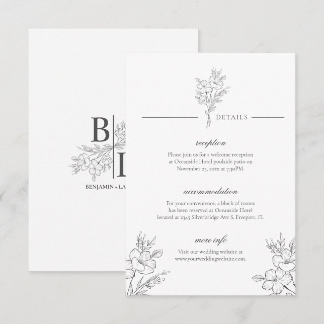Klassisk Modern Elegant Blommigt White Bröllop Det Tilläggskort (Fram/baksida)