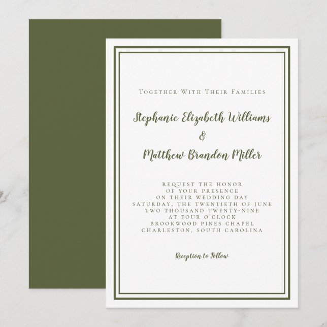 Klassisk modern enkel Oliv grönt och vit Bröllop Inbjudningar (Fram/baksida)