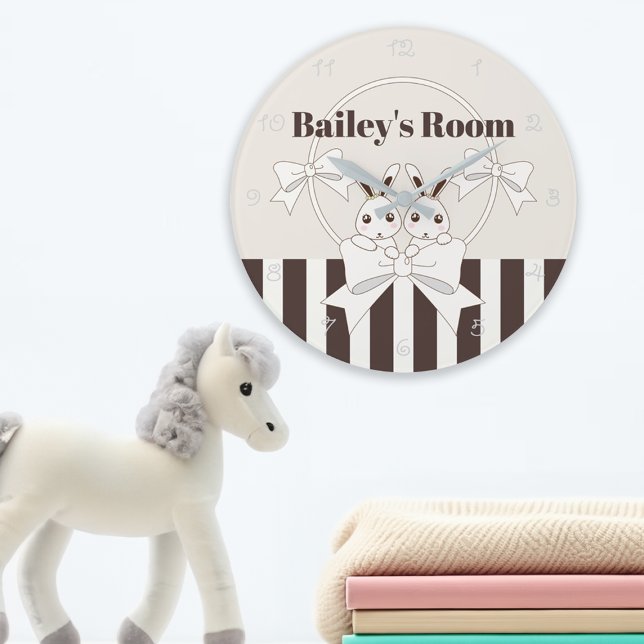 Klassisk modern Rand Cute Twin Bunny Kids Stor Klocka (Skapare uppladdad)