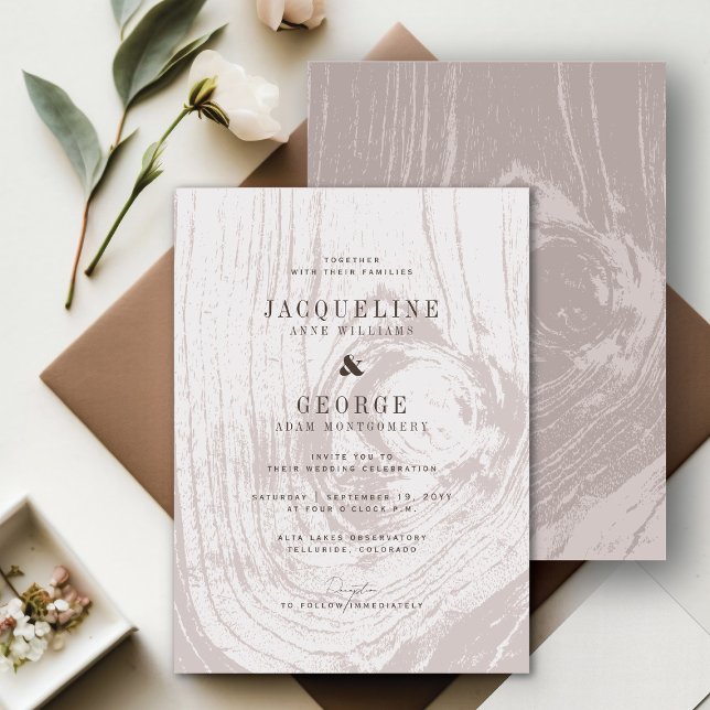 Klassisk Modern Rustik Trädgårdsstruktur Chic Höst Inbjudningar (Classic Modern Rustic Tan/Taupe Woodgrain Chic Fall Wedding Invitation @ fatfatin_blue_knot)