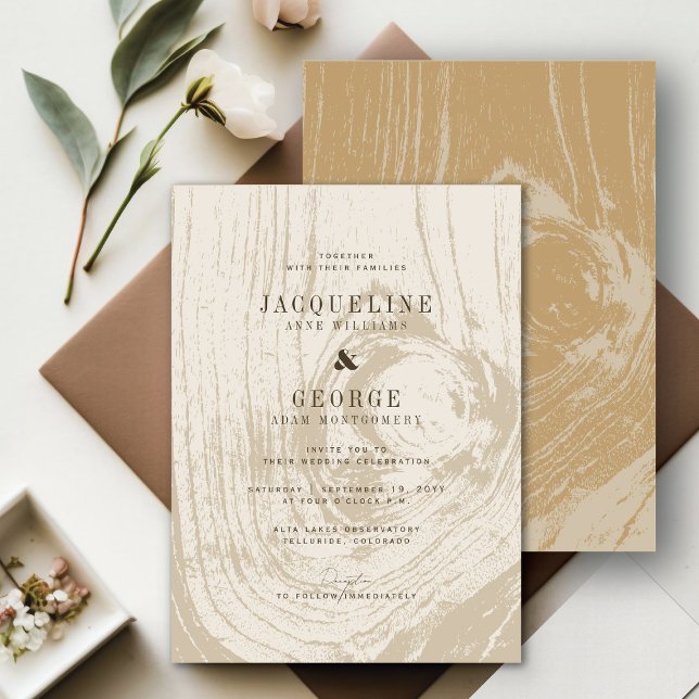 Klassisk Modern Rustik Trästruktur Höstbröllop Inbjudningar (Classic Modern Rustic Yellow Ochre Woodgrain Chic Autumn Wedding Invitation @ fatfatin_blue_knot)