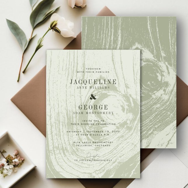 Klassisk Modern Rustik Trästruktur Vårbröllop Inbjudningar (Classic Modern Rustic Moss Green Woodgrain Chic Spring Wedding Invitation @ fatfatin_blue_knot)