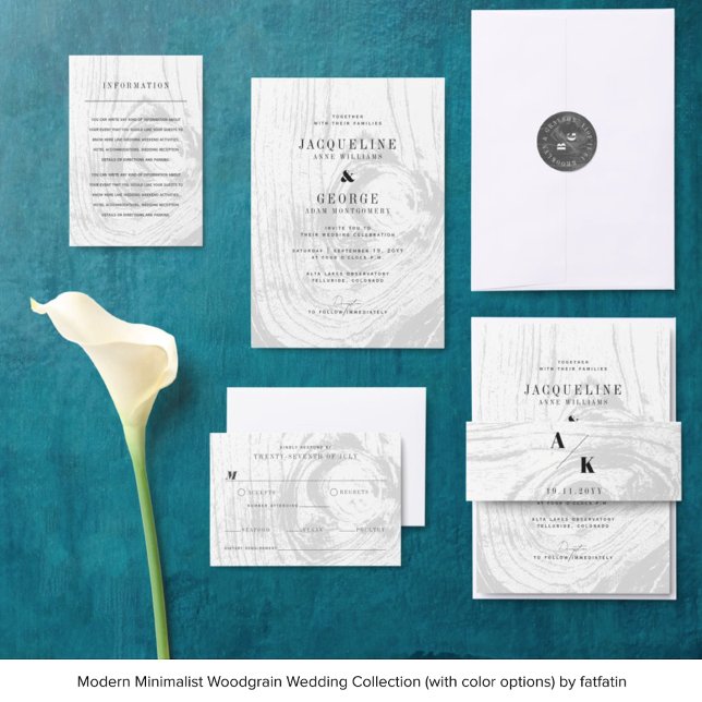 Klassisk Modern Rustik Trästruktur Vinterbröllop Inbjudningar (Clockwise: 1. EnclosureCard 2. Wedding Invitation 3. Round Sticker 4. Belly Band 5. RSVP Card)