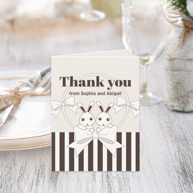 Klassisk Modern Söt Tecknad Kanin Tvilling Flicka Tack Kort (Skapare uppladdad)