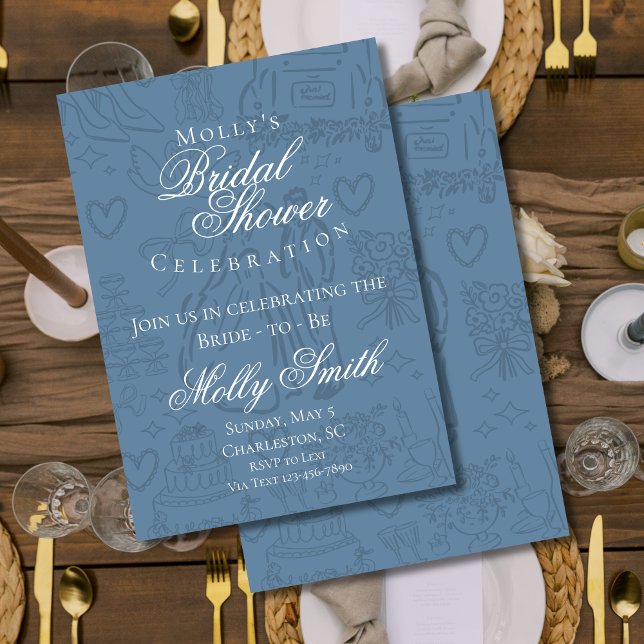 Klassisk Möhippa för Dusty Blue Bröllop Sketch Inbjudningar (Classic Wedding Sketch Art invite with modern font – perfect for engagement or bridal celebrations!)