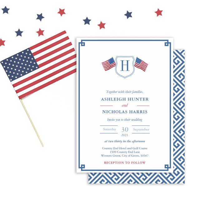 Klassisk Monogram 4:e Juli Bröllop Inbjudningar (Elegant Patriotic Red White Blue Monogram Wedding Invitation With A Blue And White Greek Key Backer)