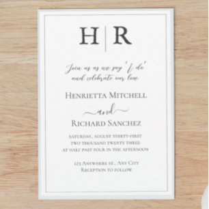 Klassisk Monogram Black & White Wedding-inbjudan Inbjudningar