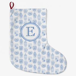 Klassisk monogram Blue and White Ginger Burk Stor Julstrumpa