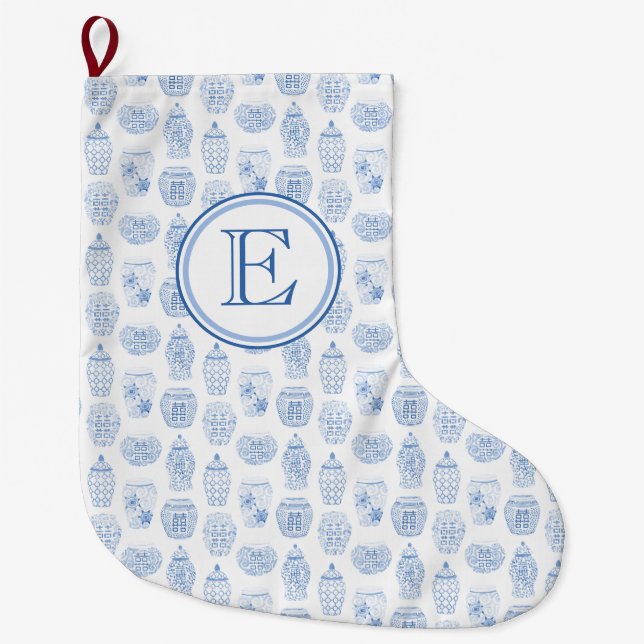 Klassisk monogram Blue and White Ginger Burk Stor Julstrumpa (Framsidan)