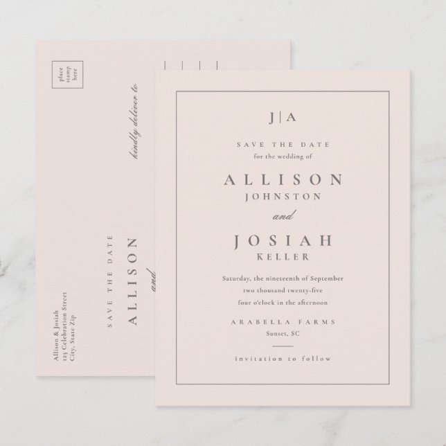 Klassisk Monogram Bröllop Spara Datumet Meddelande Vykort (Fram/baksida)