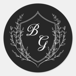 Klassisk monogram bröllop vapensköld svart och vit runt klistermärke