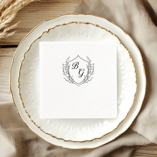 Klassisk monogram bröllopskrön svart och vit pappersservett (Skapare uppladdad)