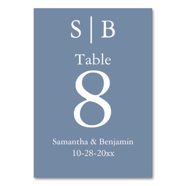 Klassisk monogram Dusty Blue bröllop Bordsnummer (Framsidan)