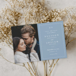 Klassisk Monogram Dusty Blue Bröllopsfoto Spara Datumet
