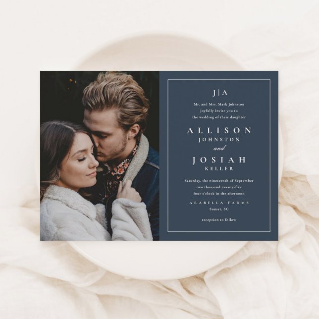 Klassisk Monogram Elegant Foto Bröllop Inbjudningar (An elegant navy blue photo wedding invitation with classic white typography and minimal frame.)