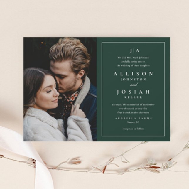 Klassisk Monogram Elegant Photo Bröllop Inbjudningar (Elegant Dark Green Photo Wedding Invitation.)