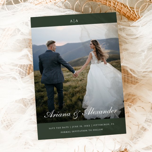 Klassisk Monogram Elegant Skript Två Foto Bröllop Spara Datumet (Skapare uppladdad)