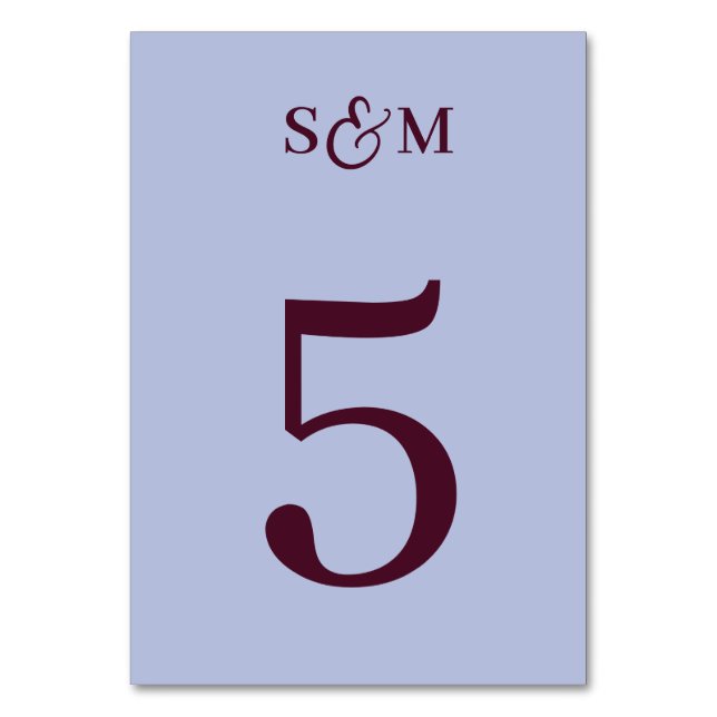 Klassisk Monogram Et-tecken Periwinkle Bröllop Bordsnummer (Framsidan)