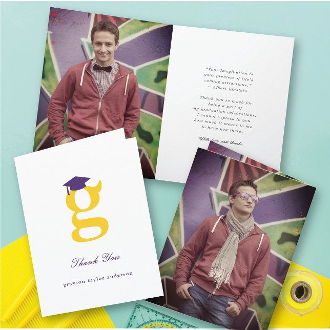 Klassisk monogram G-examen mössa modernt foto Tack Kort (Classic Graduate's Monogram G Graduation Cap Modern Photo Thank You Card @ zazzle.com/color_therapy)