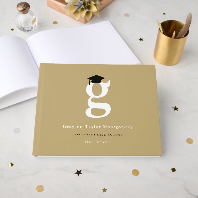 Klassisk Monogram G Och Examen Hatt Grads Förfest Gästböcker (Framsida Öppen)