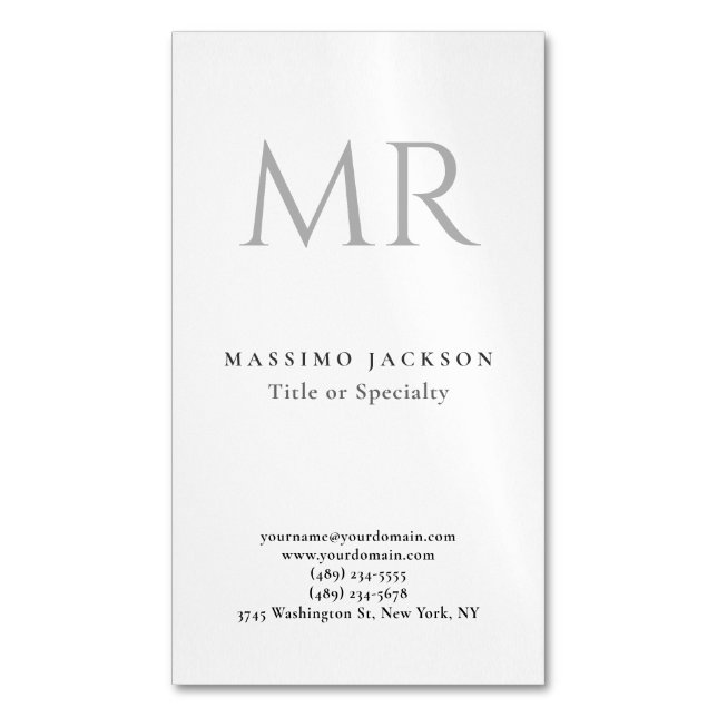 Klassisk monogram grå vit minimalistisk enfaldig magnetiska visitkort (Framsida vertikal)