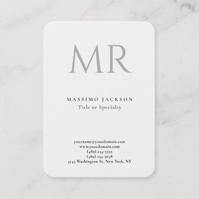 Klassisk monogram grå vit minimalistisk enfaldig visitkort (Framsida)