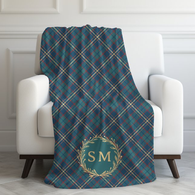Klassisk Monogram Guldkrans Grön Tartan Rutig Fleecefilt (Skapare uppladdad)