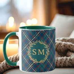 Klassisk Monogram Guldkrans Grön Tartanrutig Mugg